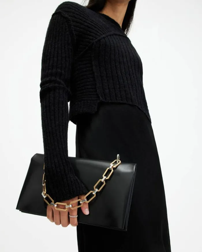 Akira Leather Removable Chain Clutch Bag Black Women AllSaints Handbags and Wallets Akira Leather Removable Chain Clutch Bag Black Women AllSaints Handbags and Wallets