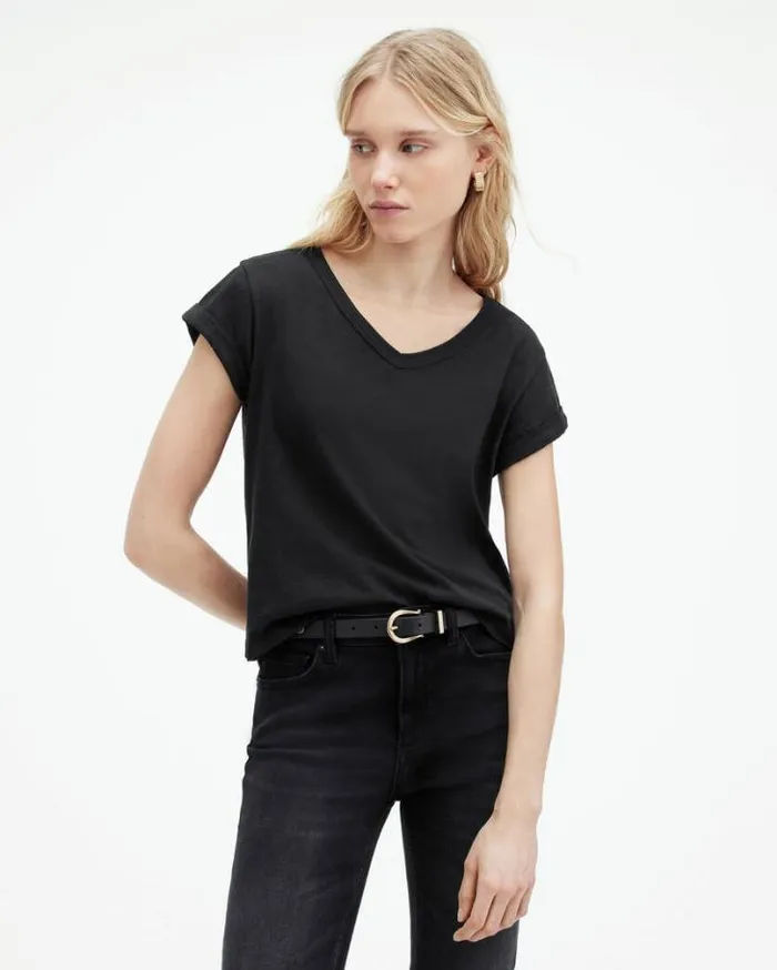 Anna VNeck Short Sleeve TShirt Black Women AllSaints TShirts