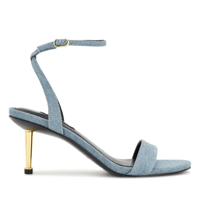 Anny Ankle Strap Heeled Sandals Blue Denim Fabric Women Nine West Dress