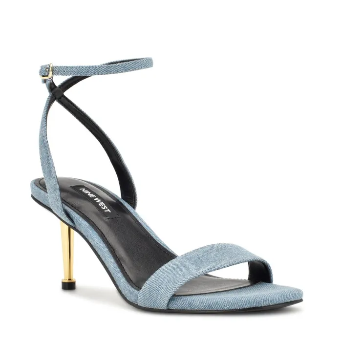 Anny Ankle Strap Heeled Sandals Blue Denim Fabric Women Nine West Dress Anny Ankle Strap Heeled Sandals Blue Denim Fabric Women Nine West Dress