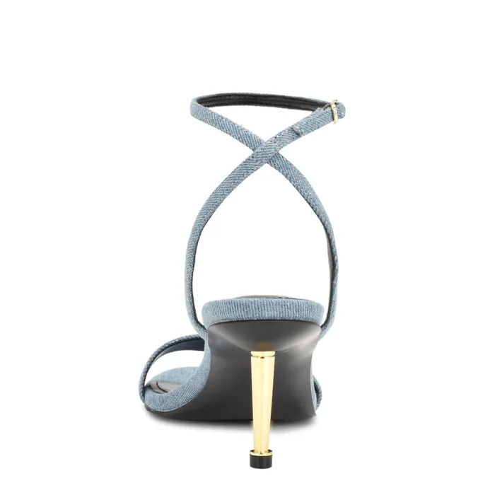 Anny Ankle Strap Heeled Sandals Blue Denim Fabric Women Nine West Dress Anny Ankle Strap Heeled Sandals Blue Denim Fabric Women Nine West Dress