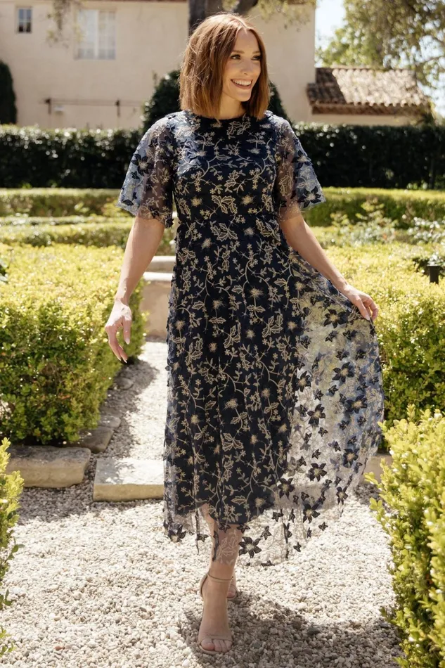 Arabella Embroidered Tulle Maxi Dress Navy Gold Women Baltic Born Tulle Styles