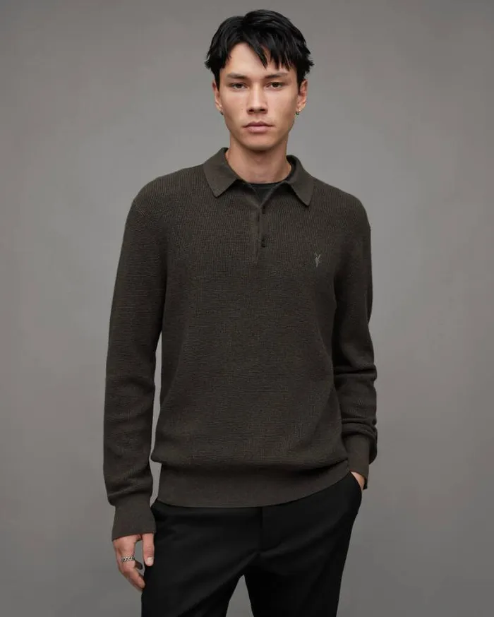 Aspen Long Sleeve Waffle Polo Sweater Dark Ivy Green Marl Men AllSaints Sweaters