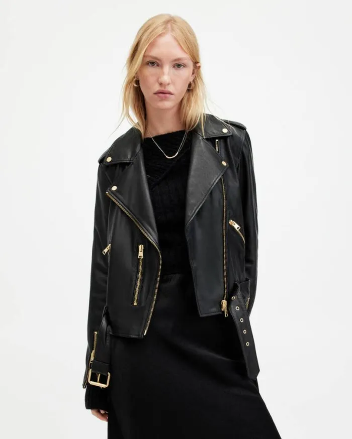 Balfern Belted Hem Leather Biker Jacket Blackgold Women AllSaints Leather Jackets