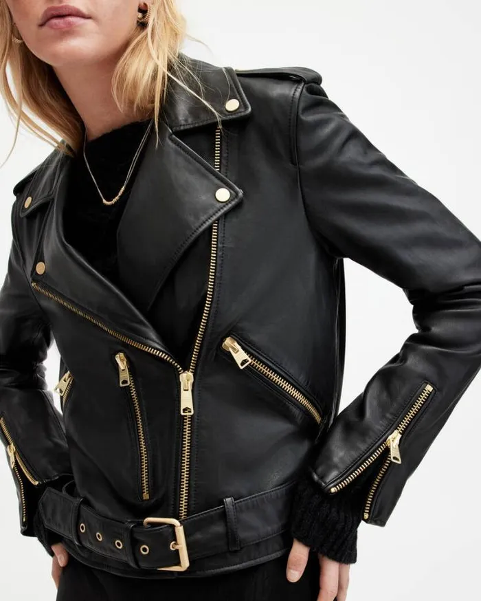 Balfern Belted Hem Leather Biker Jacket Blackgold Women AllSaints Leather Jackets Balfern Belted Hem Leather Biker Jacket Blackgold Women AllSaints Leather Jackets