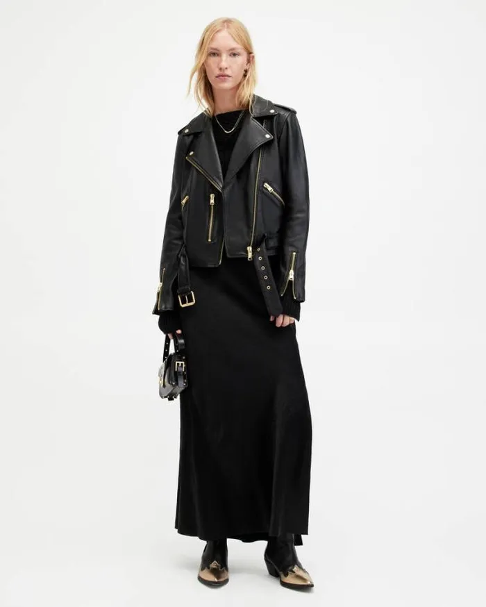 Balfern Belted Hem Leather Biker Jacket Blackgold Women AllSaints Leather Jackets Balfern Belted Hem Leather Biker Jacket Blackgold Women AllSaints Leather Jackets