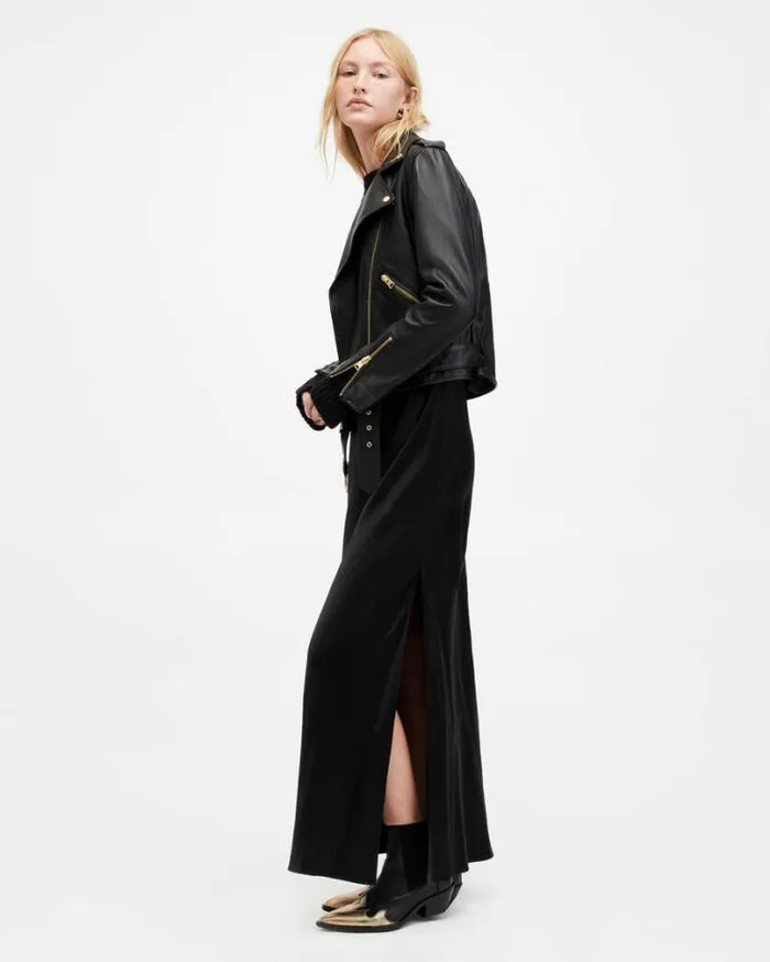 Balfern Belted Hem Leather Biker Jacket Blackgold Women AllSaints Leather Jackets Balfern Belted Hem Leather Biker Jacket Blackgold Women AllSaints Leather Jackets