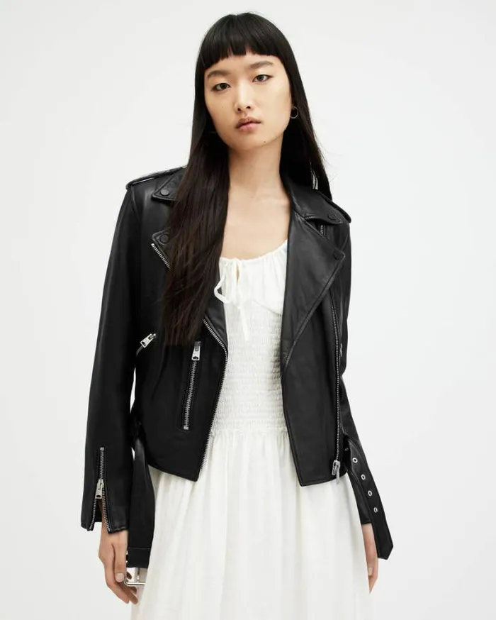 Balfern Belted Hem Leather Biker Jacket Black Women AllSaints Leather Jackets