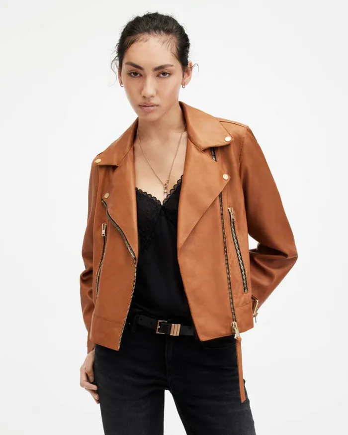 Beale Slim Fit Leather Biker Jacket Cognac Brown Women AllSaints Leather Jackets