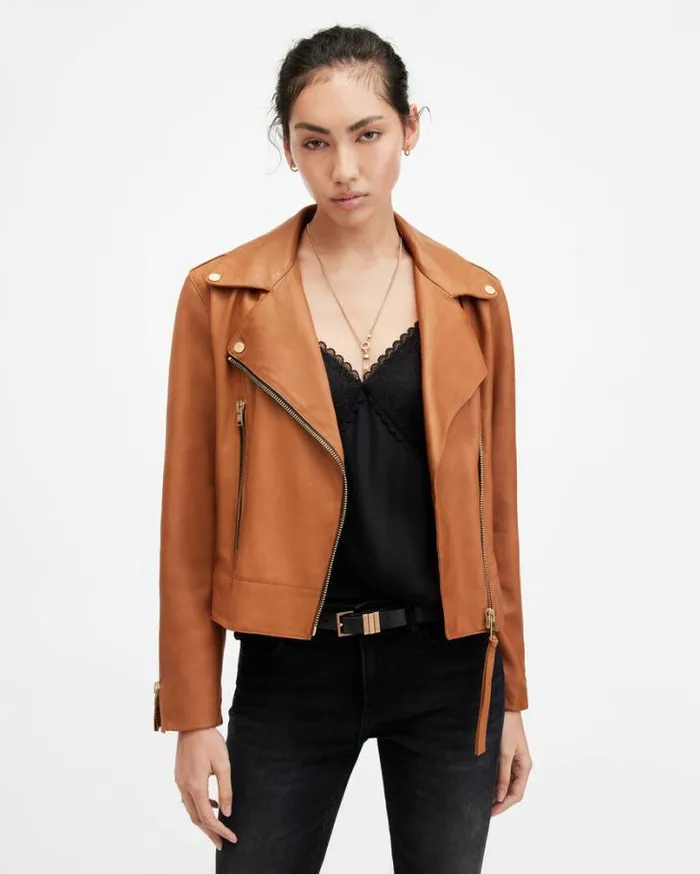 Beale Slim Fit Leather Biker Jacket Cognac Brown Women AllSaints Leather Jackets Beale Slim Fit Leather Biker Jacket Cognac Brown Women AllSaints Leather Jackets