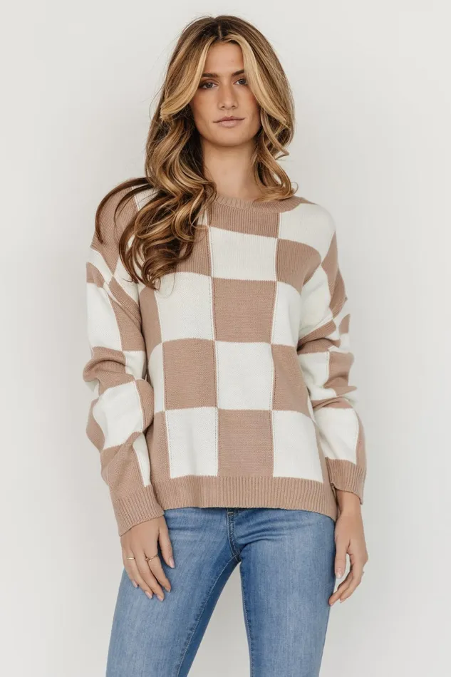 Bella Checkered Sweater Taupe Women Baltic Born Sweaters