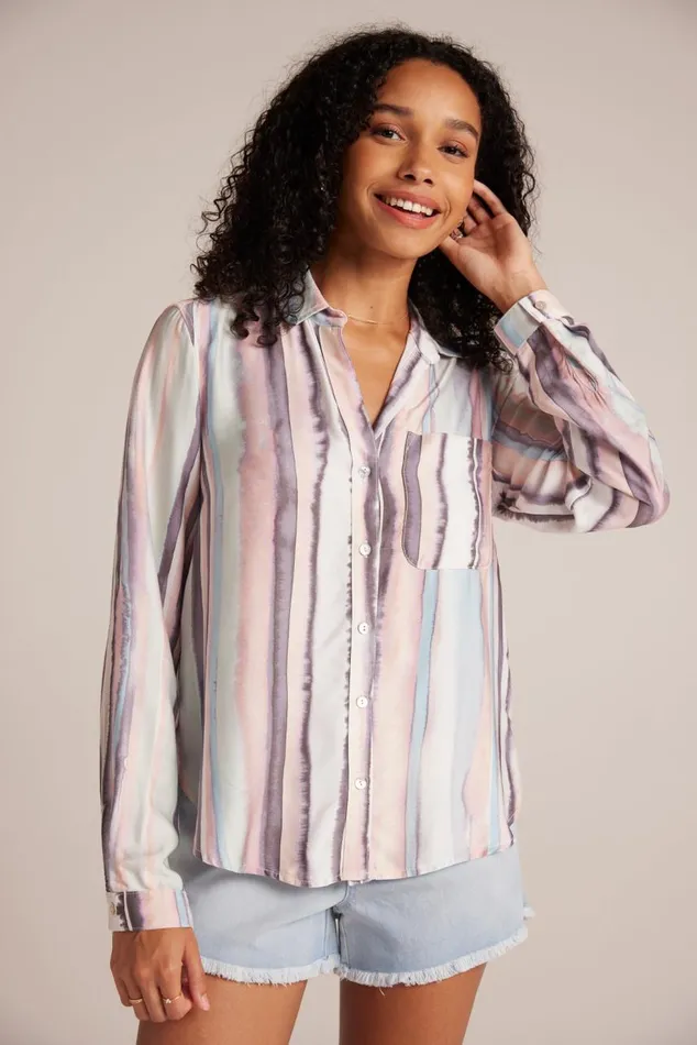 Bella Dahl Long Sleeve Rounded Hem Button Down 8211 Coastal Stripe Print Women Long Sleeve