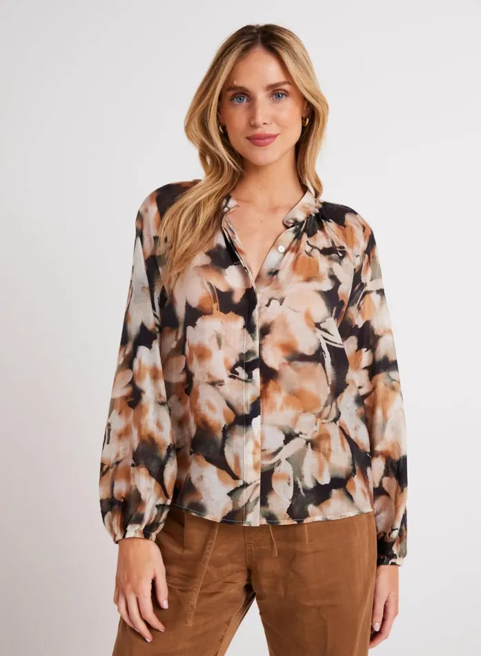Bella Dahl Long Sleeve Shirred Raglan Shirt 8211 Harvest Floral Print Women Button Down