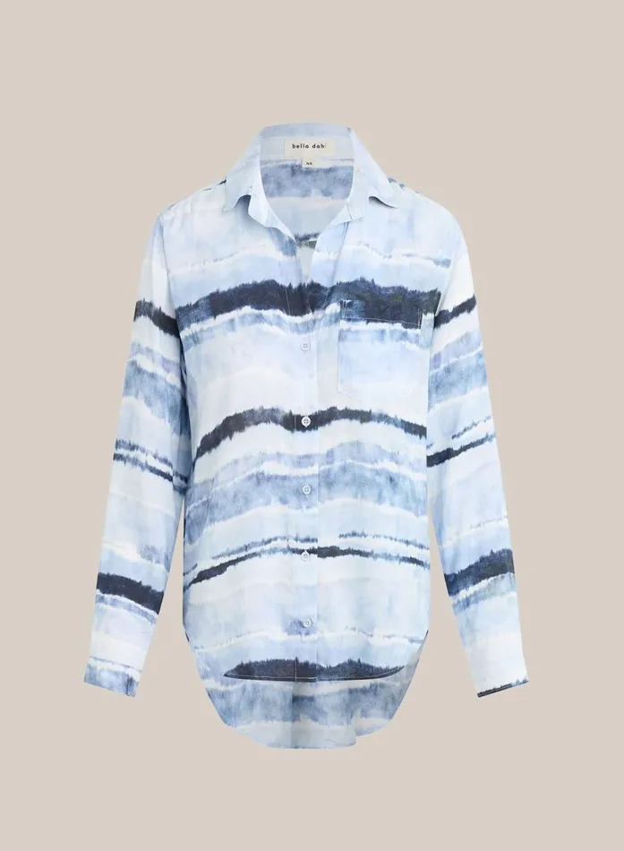 Bella Dahl Pocket Button Down 8211 Indigo Stripes Print Women Long Sleeve