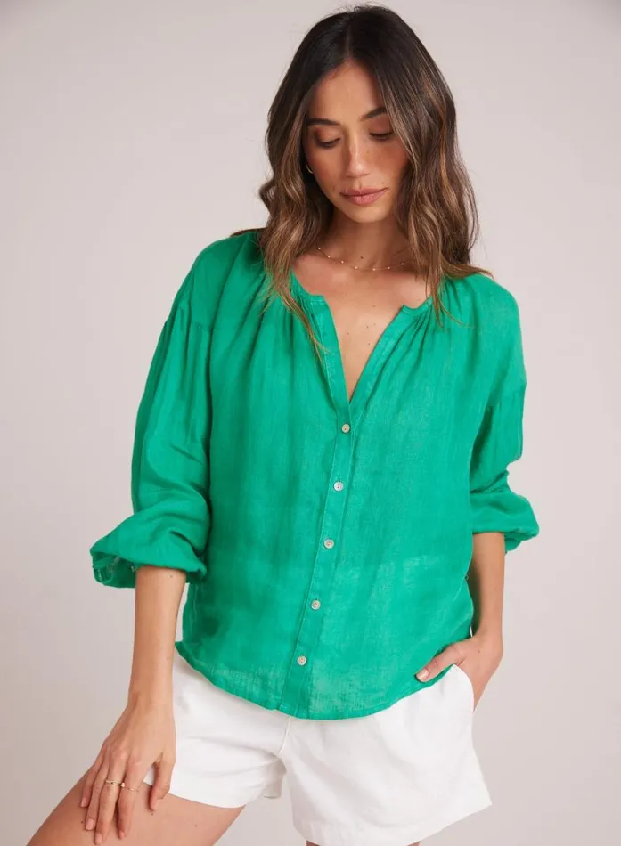 Bella Dahl Shirred Neck Blouse 8211 Tropical Green Women Long Sleeve