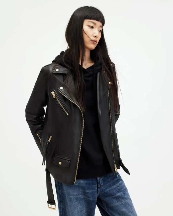 Biller Leather Oversized Biker Jacket Blackgold Women AllSaints Jackets and Coats