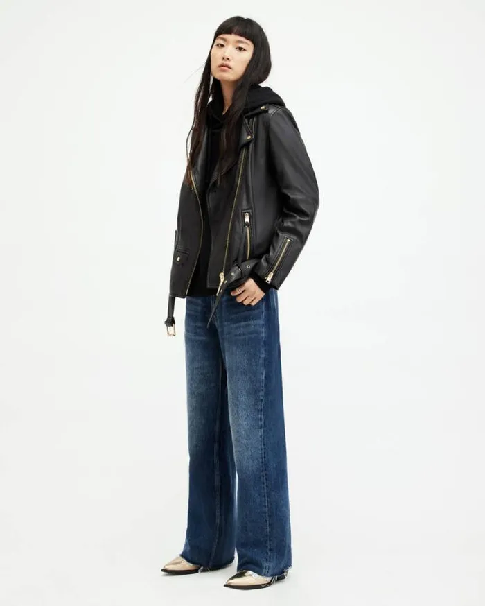 Biller Leather Oversized Biker Jacket Blackgold Women AllSaints Jackets and Coats Biller Leather Oversized Biker Jacket Blackgold Women AllSaints Jackets and Coats