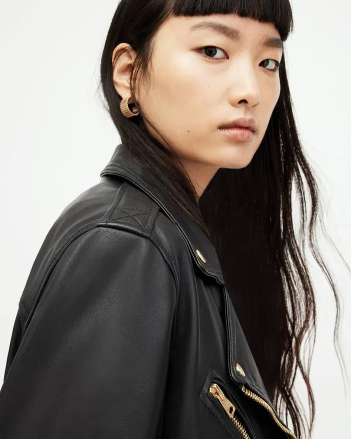 Biller Leather Oversized Biker Jacket Blackgold Women AllSaints Jackets and Coats Biller Leather Oversized Biker Jacket Blackgold Women AllSaints Jackets and Coats
