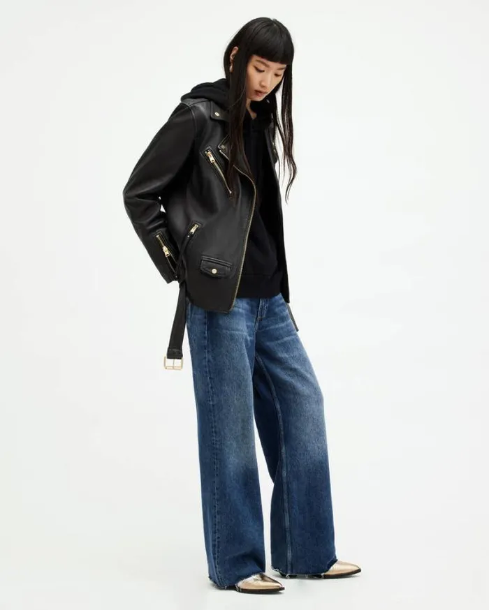 Biller Leather Oversized Biker Jacket Blackgold Women AllSaints Jackets and Coats Biller Leather Oversized Biker Jacket Blackgold Women AllSaints Jackets and Coats
