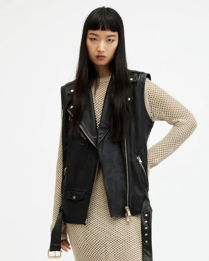 Billie Leather Oversized Biker Gilet Blackgold Women AllSaints Jackets and Coats