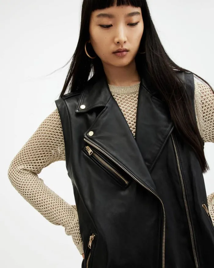 Billie Leather Oversized Biker Gilet Blackgold Women AllSaints Jackets and Coats Billie Leather Oversized Biker Gilet Blackgold Women AllSaints Jackets and Coats