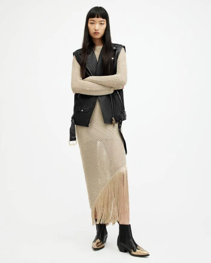 Billie Leather Oversized Biker Gilet Blackgold Women AllSaints Jackets and Coats Billie Leather Oversized Biker Gilet Blackgold Women AllSaints Jackets and Coats
