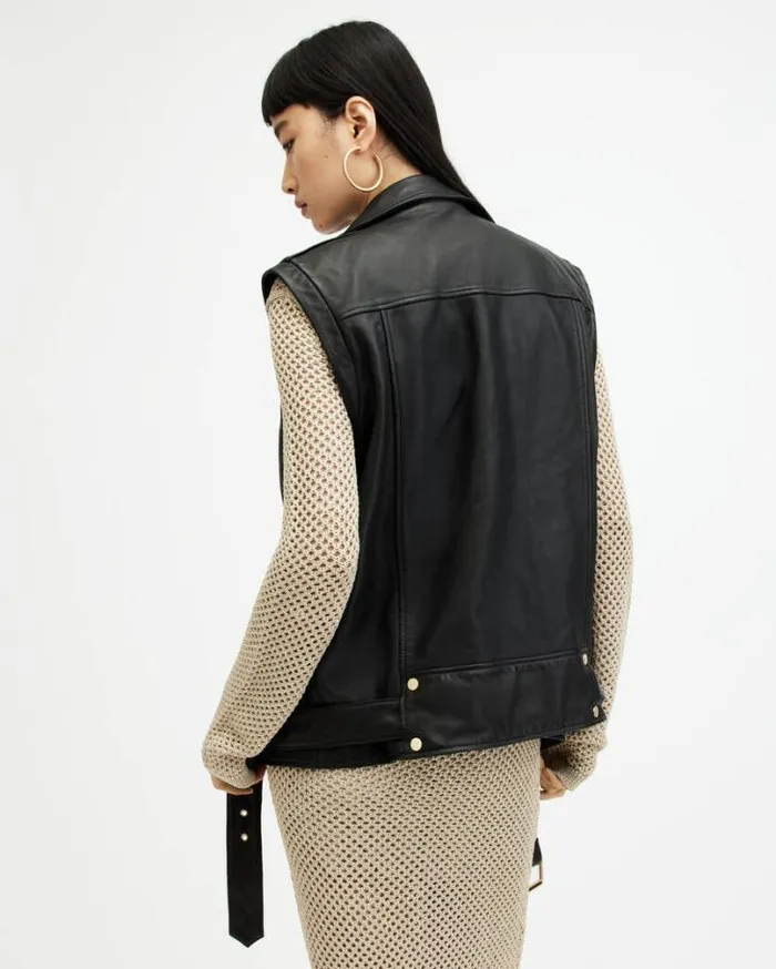 Billie Leather Oversized Biker Gilet Blackgold Women AllSaints Jackets and Coats Billie Leather Oversized Biker Gilet Blackgold Women AllSaints Jackets and Coats