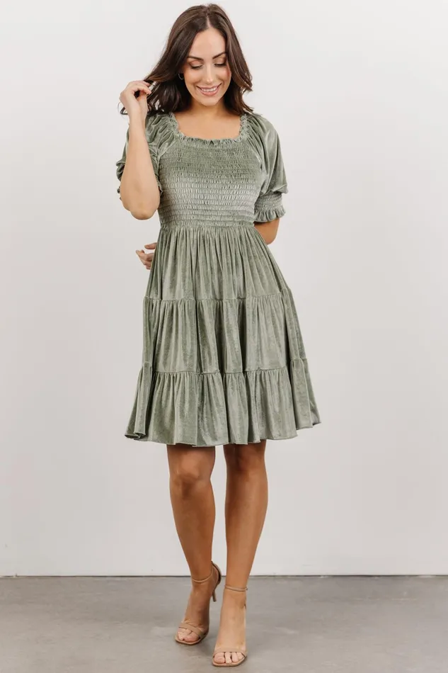 Bliss Smocked Velvet Short Dress Dusty Sage Women Baltic Born Short Dresses
