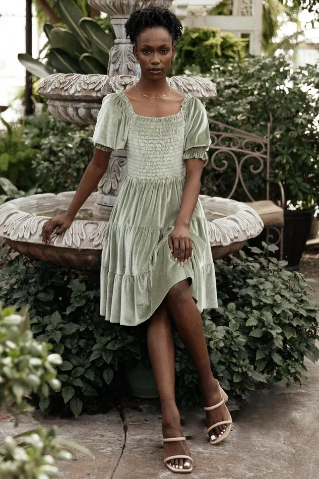 Bliss Smocked Velvet Short Dress Dusty Sage Women Baltic Born Short Dresses Bliss Smocked Velvet Short Dress Dusty Sage Women Baltic Born Short Dresses
