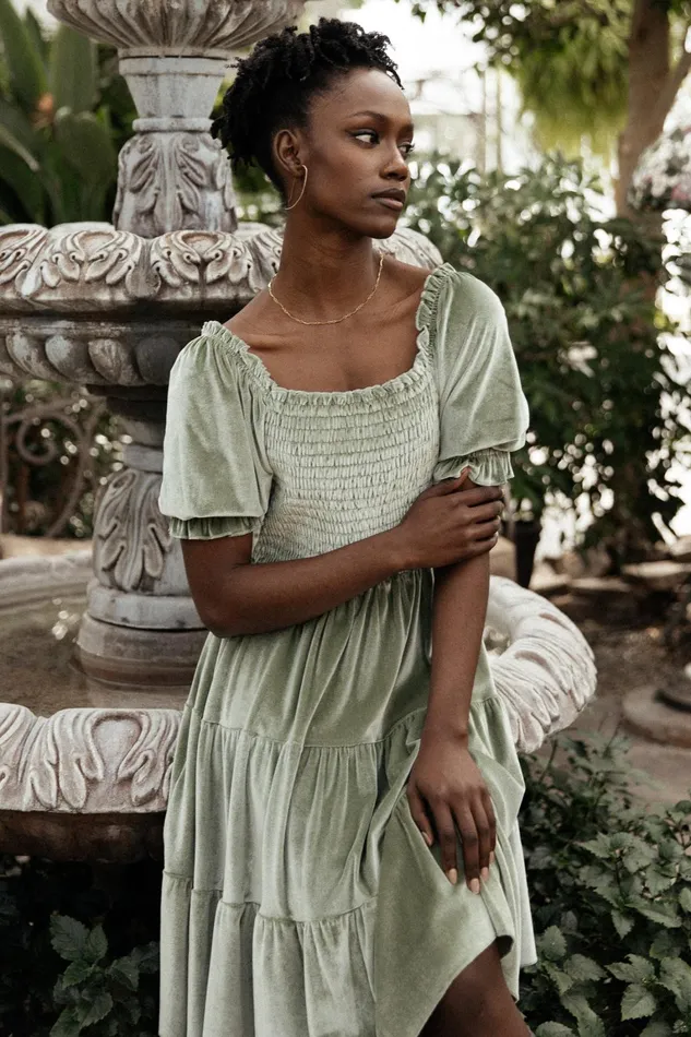 Bliss Smocked Velvet Short Dress Dusty Sage Women Baltic Born Short Dresses Bliss Smocked Velvet Short Dress Dusty Sage Women Baltic Born Short Dresses
