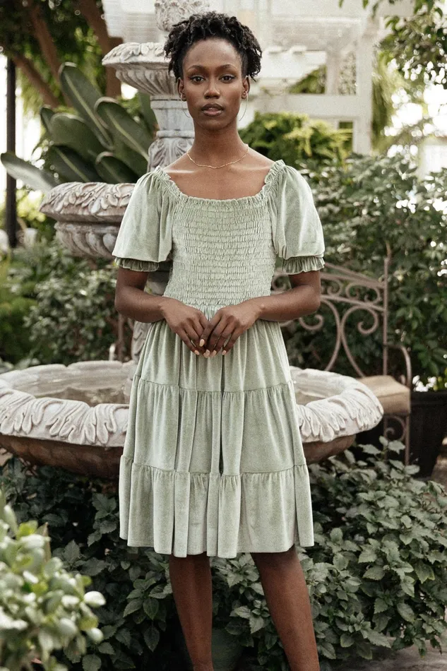 Bliss Smocked Velvet Short Dress Dusty Sage Women Baltic Born Short Dresses Bliss Smocked Velvet Short Dress Dusty Sage Women Baltic Born Short Dresses