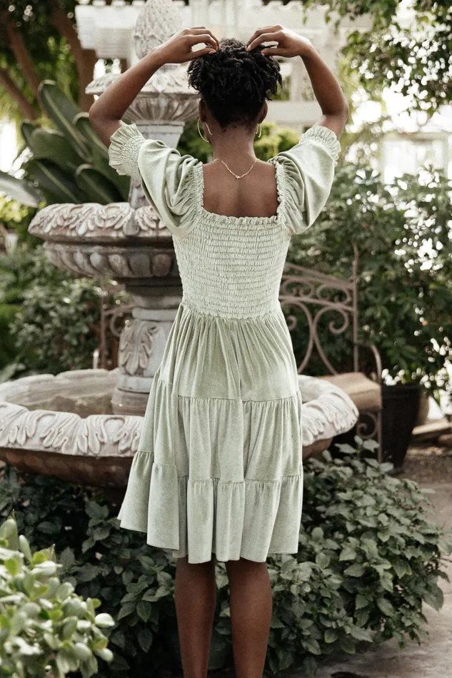 Bliss Smocked Velvet Short Dress Dusty Sage Women Baltic Born Short Dresses Bliss Smocked Velvet Short Dress Dusty Sage Women Baltic Born Short Dresses