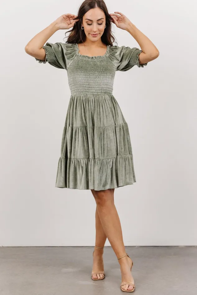 Bliss Smocked Velvet Short Dress Dusty Sage Women Baltic Born Short Dresses Bliss Smocked Velvet Short Dress Dusty Sage Women Baltic Born Short Dresses