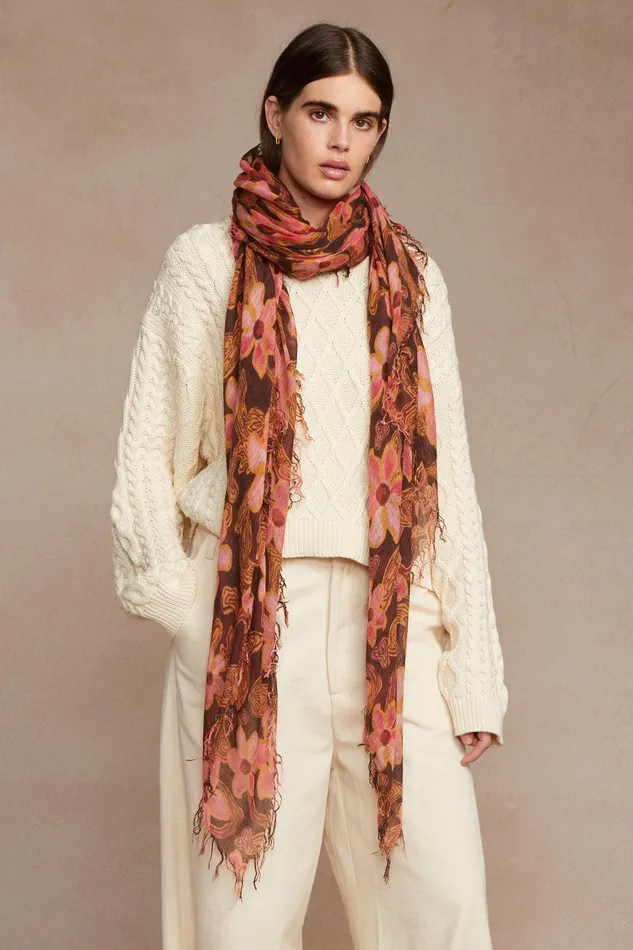 Cashmere And Silk Scarf Fired Brick Meadow Floral Women Chan Luu Scarves