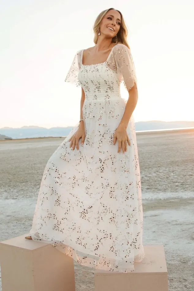 Cassandra Tulle Maxi Dress Metallic White Women Baltic Born Embellished Sequin