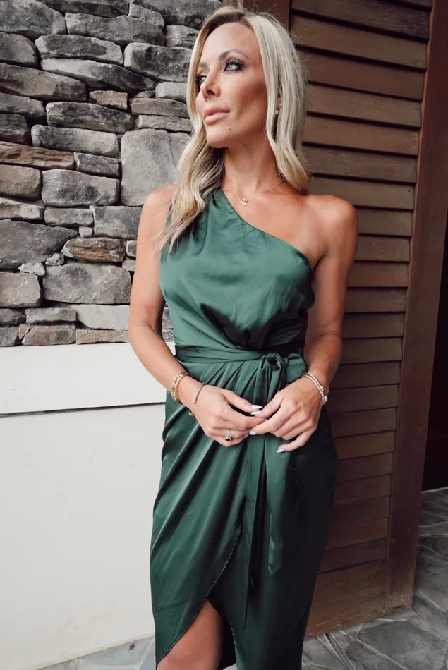 Celia One Shoulder Midi Dress Dark Green Women Baltic Born Wedding Guest
