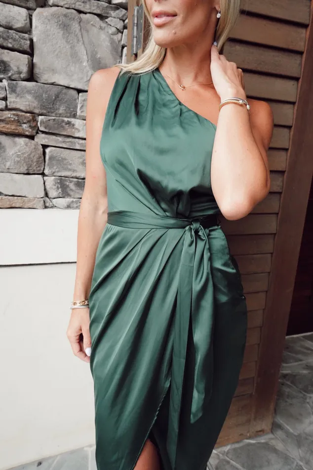 Celia One Shoulder Midi Dress Dark Green Women Baltic Born Wedding Guest