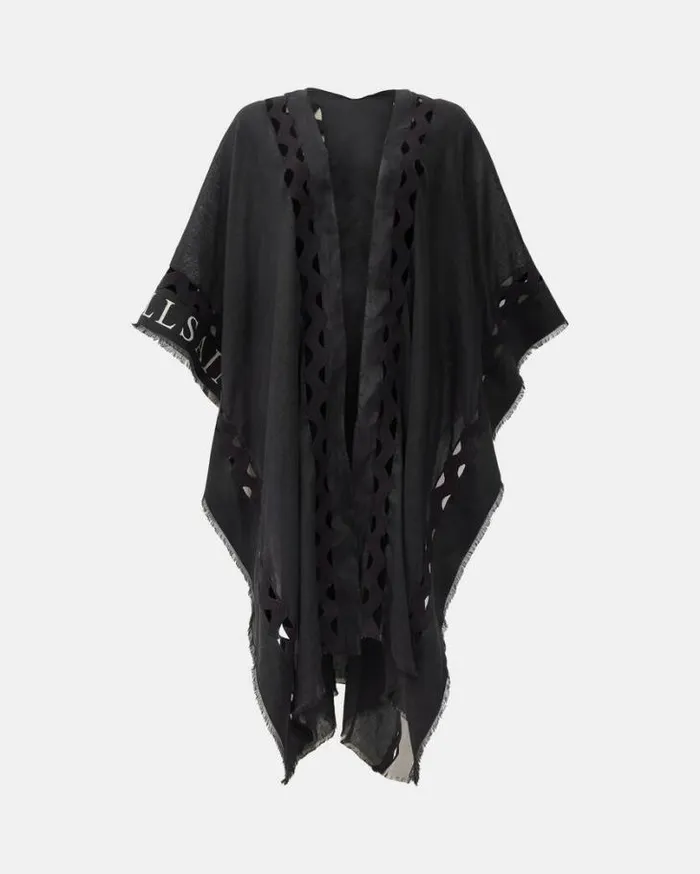 Clarissa Logo Print Ruana Scarf Black Women AllSaints Swimwear and Beachwear