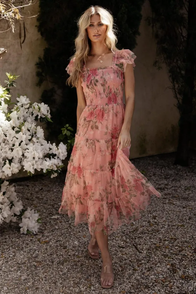 Clementine Tulle Midi Dress Pink Rose Floral Women Baltic Born Tulle Styles