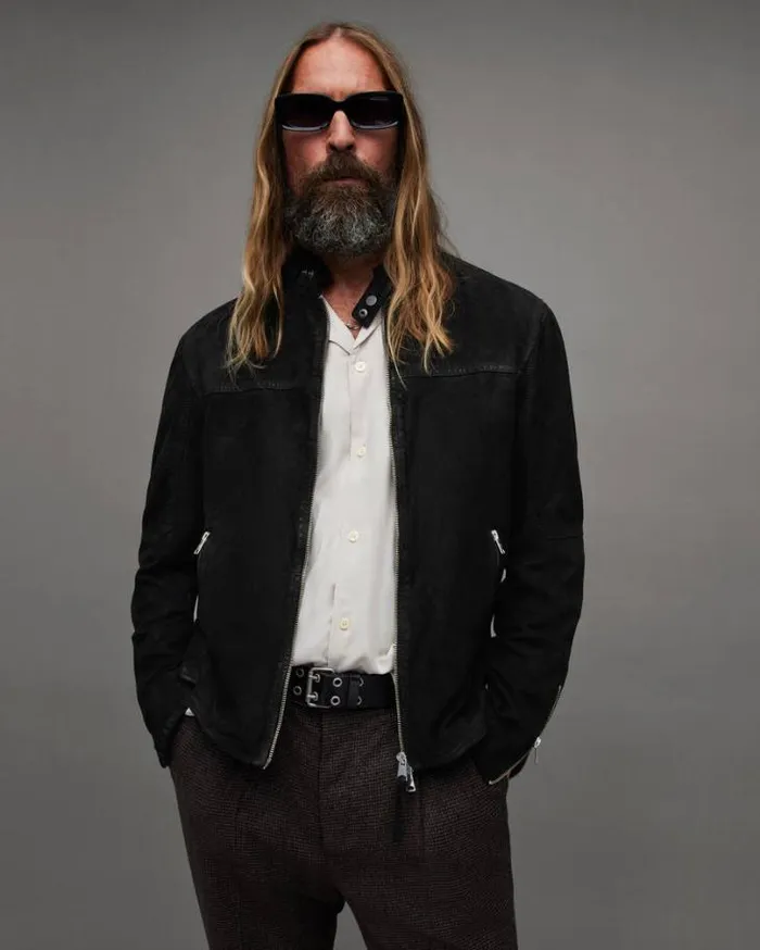 Cora Suede Snap Back Collar Jacket Black Men AllSaints Jackets and Coats