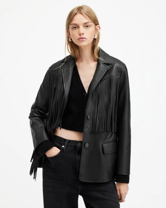 Corinna Tassel Leather Blazer Black Women AllSaints Jackets and Coats