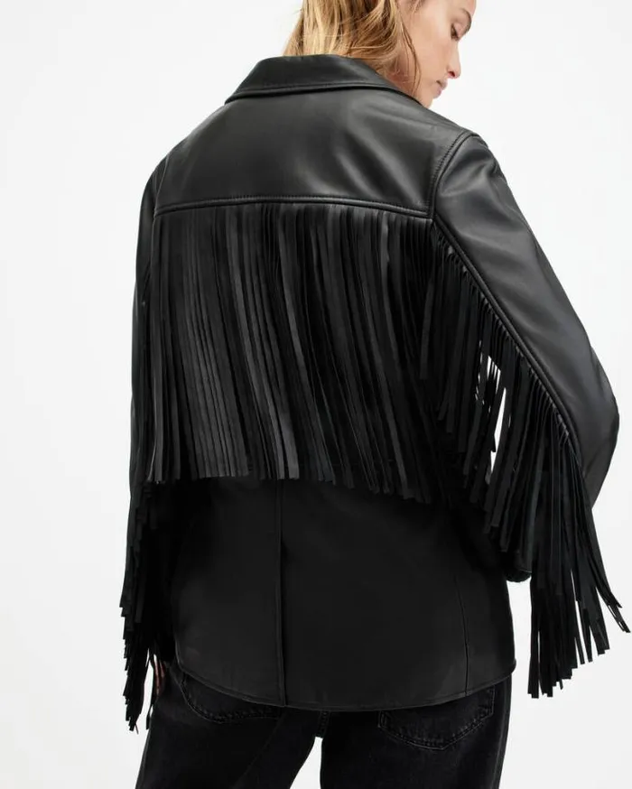 Corinna Tassel Leather Blazer Black Women AllSaints Jackets and Coats