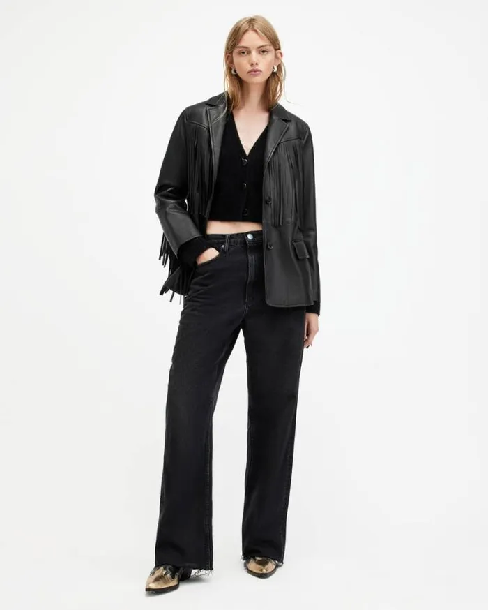 Corinna Tassel Leather Blazer Black Women AllSaints Jackets and Coats
