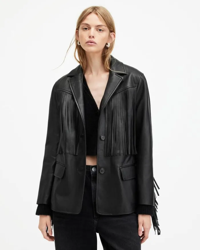 Corinna Tassel Leather Blazer Black Women AllSaints Jackets and Coats