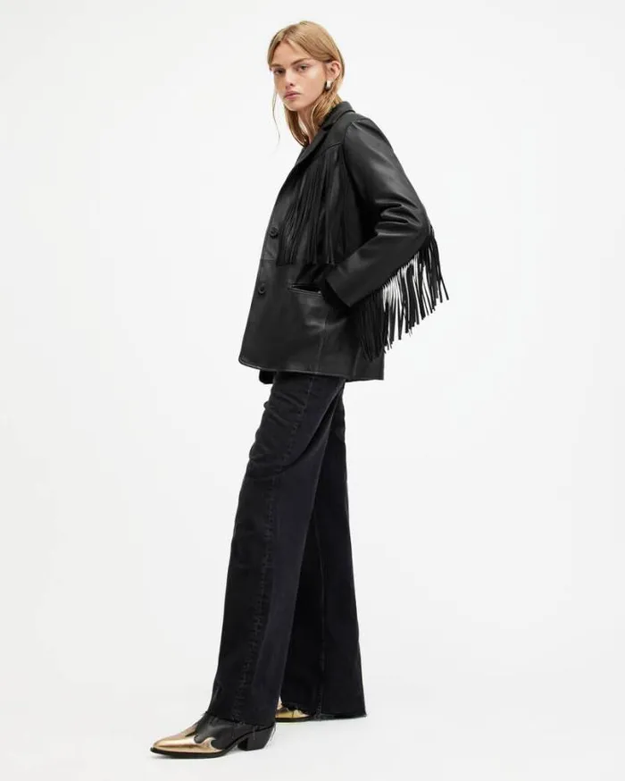 Corinna Tassel Leather Blazer Black Women AllSaints Jackets and Coats