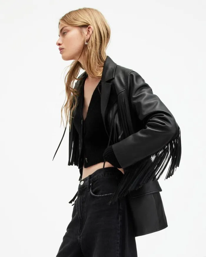 Corinna Tassel Leather Blazer Black Women AllSaints Jackets and Coats