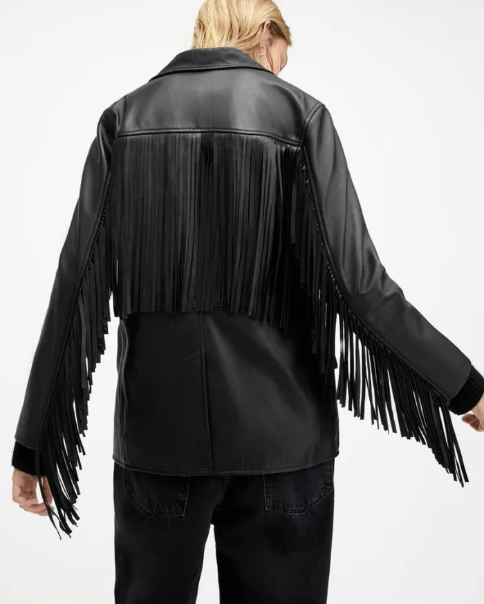 Corinna Tassel Leather Blazer Black Women AllSaints Jackets and Coats