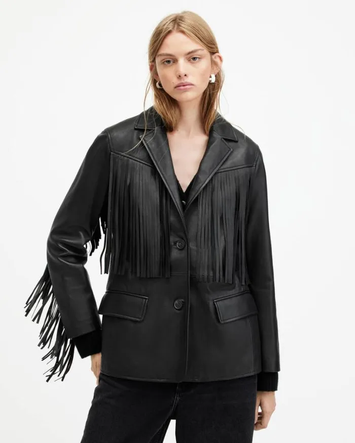 Corinna Tassel Leather Blazer Black Women AllSaints Jackets and Coats