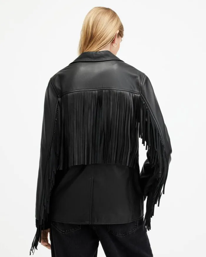 Corinna Tassel Leather Blazer Black Women AllSaints Jackets and Coats