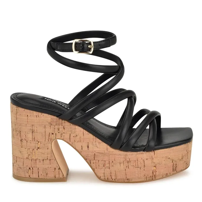Corke Platform Wedge Strappy Sandals Black Women Nine West Platforms